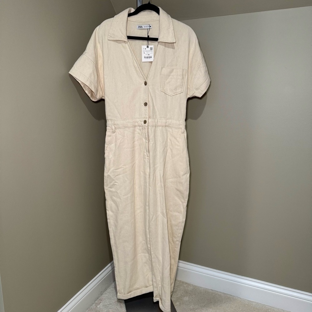 NWT Zara Langer Cream Utility‎ Overalls Jumpsuit Women's Size Large - Picture 7 of 7